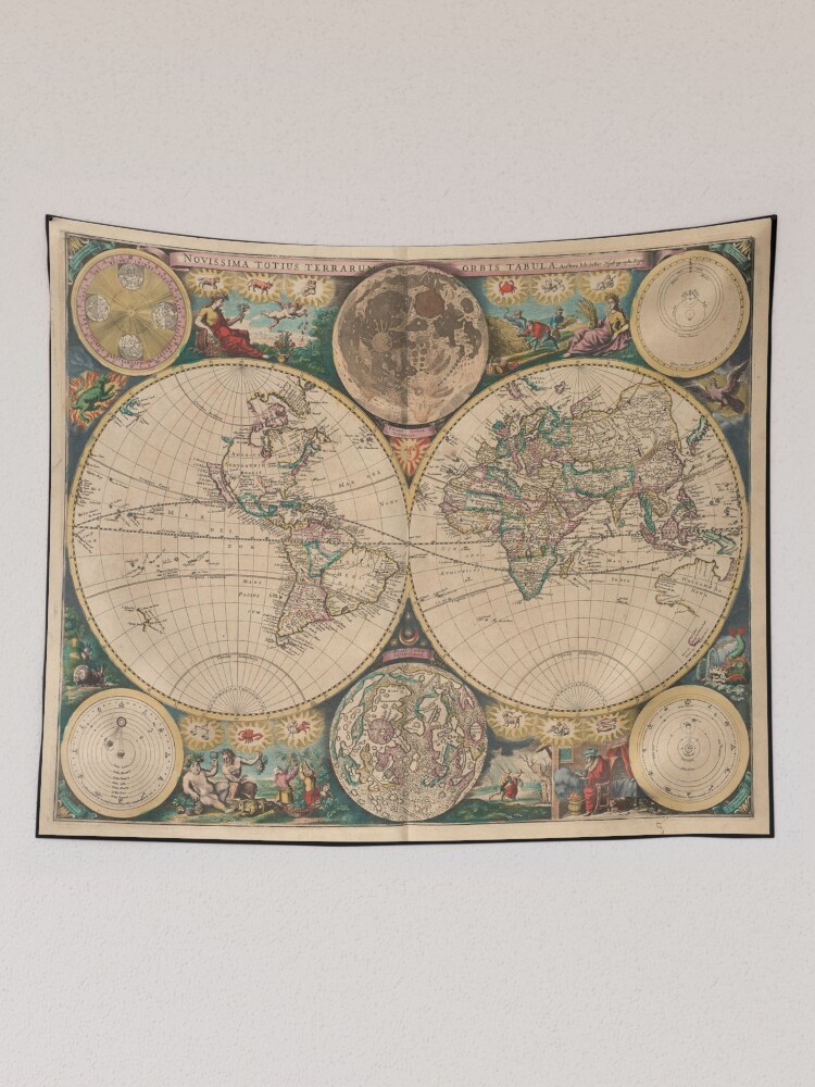 Thumbnail 2 of 3, Tapestry, Vintage Map of The World (1672) 2 designed and sold by BravuraMedia.