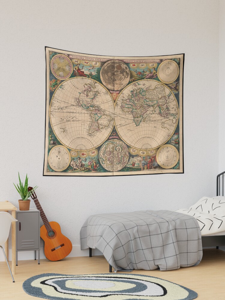 Thumbnail 1 of 3, Tapestry, Vintage Map of The World (1672) 2 designed and sold by BravuraMedia.