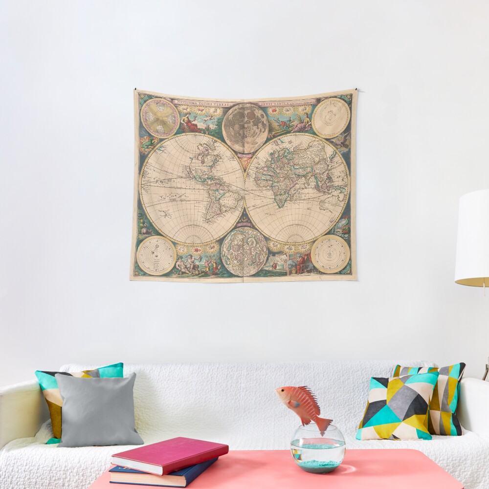 Vintage Map of The World (1672) 2 Tapestry