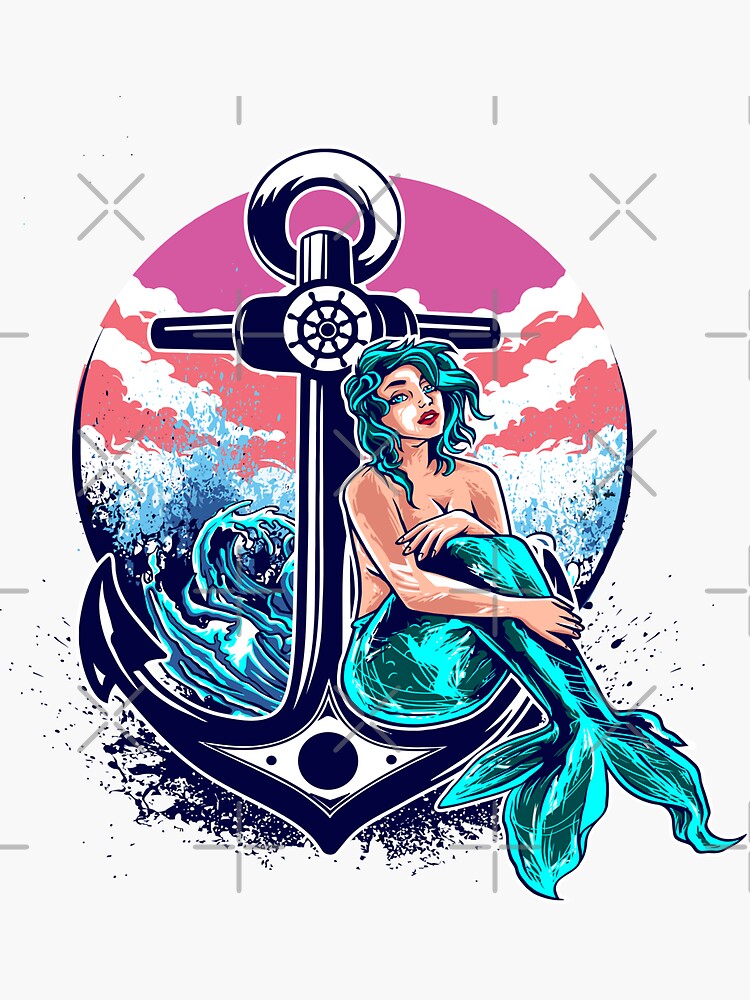 Mermaid With Anchor Tattoo Illustration Sticker for Sale by