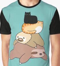 Sloth and Cat Pile Graphic T-Shirt