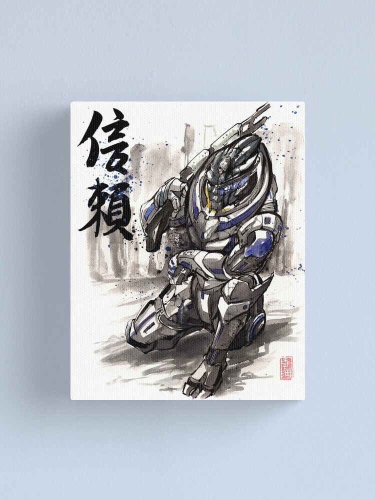 Alternate view of Mass Effect Garrus Sumie style with Japanese Calligraphy Canvas Print