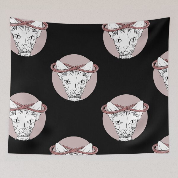 Item preview, angry sphinx cat with infinity red snake halo one colour illustration black and pink designed and sold by Laura Ioana V.