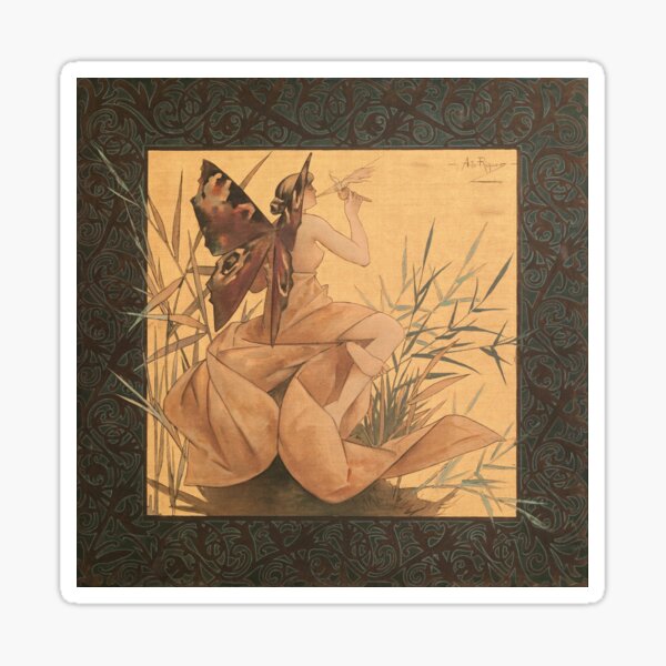 'Winged Nymph Blowing Amongst Reeds' by Alexandre de Riquer (Reproduction) Sticker