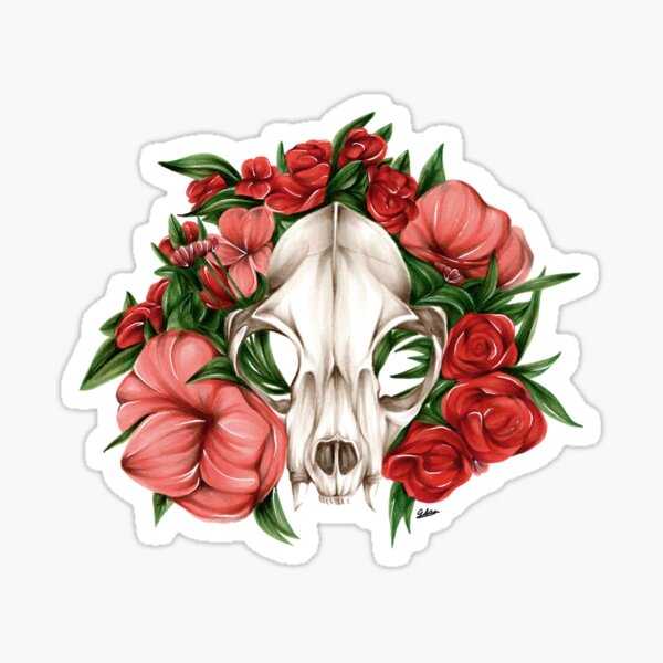 Bobcat Skull with Flowers Sticker
