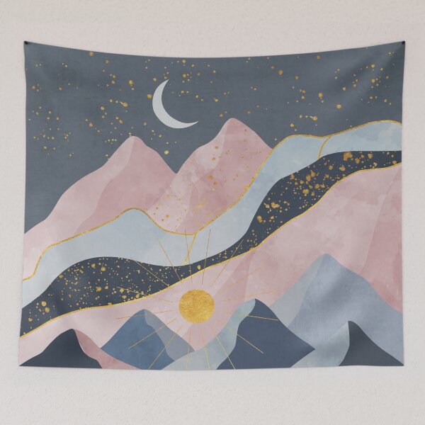 Item preview, Silhouettes of mountains with sun, moon and stars. Abstraction of textured plaster with gold elements. designed and sold by darkmoonlight-.