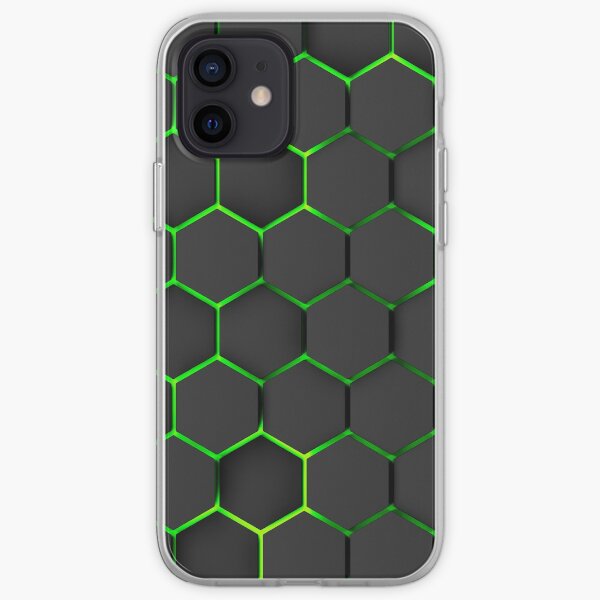 futuristic, modern design, technology, black hexagons with yellow and green light background iPhone Soft Case