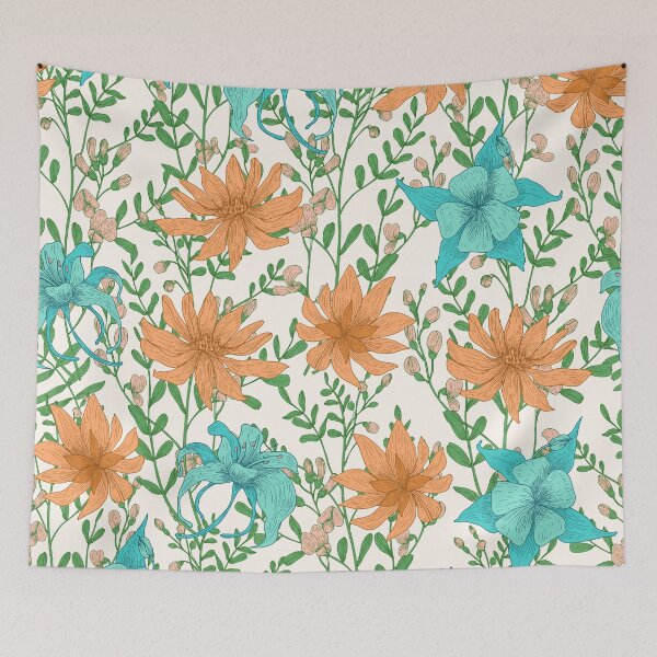 Item preview, Vintage Meadow Flowers Pattern Orange and Turquoise designed and sold by nouveaudecor.