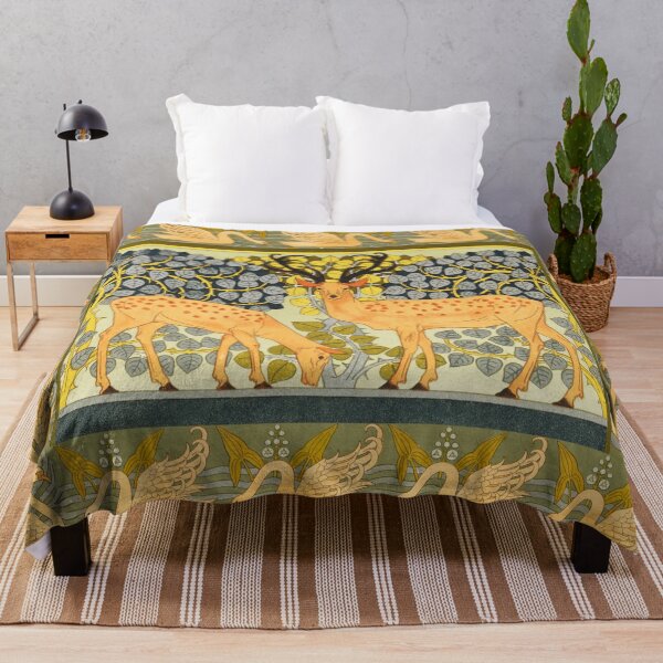 Item preview, FOREST ANIMALS, SWANS AND DEERS AMONG TREES AND LEAVES Peach Blue Green Floral designed and sold by BulganLumini.