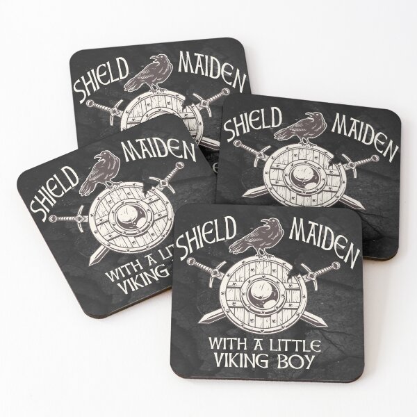 Item preview, Shieldmaiden with a little Viking boy with a rock background designed and sold by Midgardr.