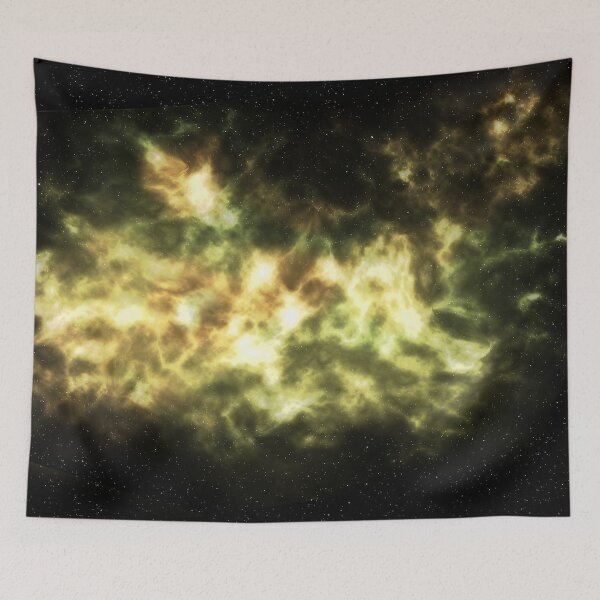 Artikelvorschau, Golden Universe, dreamy cosmic Nebula, yellow Milky way, Aesthetic shiny galaxy, starry dark tapestry, trendy home decor art, wall entworfen und verkauft von August-E.