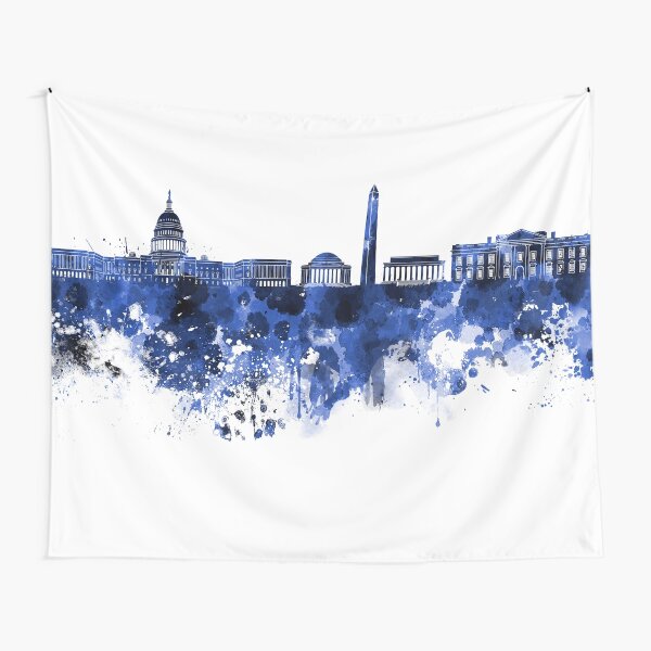 Washington DC skyline in blue watercolor on white background Tapestry