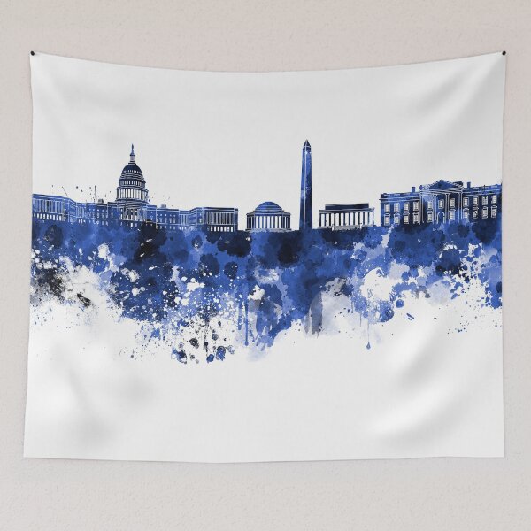 Item preview, Washington DC skyline in blue watercolor on white background  designed and sold by paulrommer.