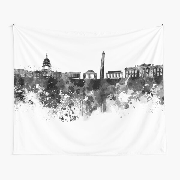 Washington DC skyline in black watercolor on white background Tapestry