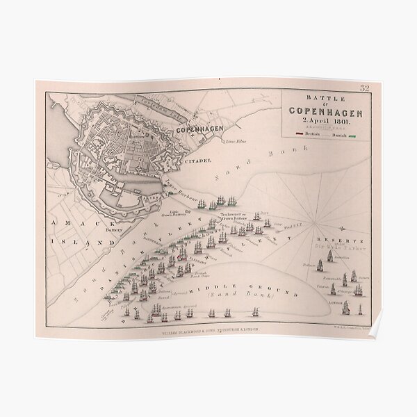 Old Battle of Copenhagen (1801) Vintage War of the Second Coalition Atlas Poster