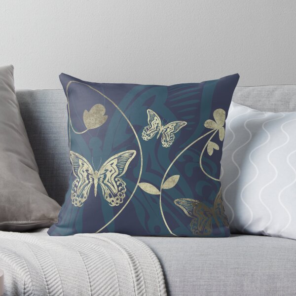 Beautiful intricate butterfly pattern for lovers of butterflies. Navy blue and gold - Caroline Laursen original Throw Pillow