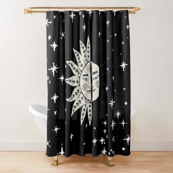 Gold Celestial Moon Sun outlet Cloud Print Halloween Shower Curtain + Hooks