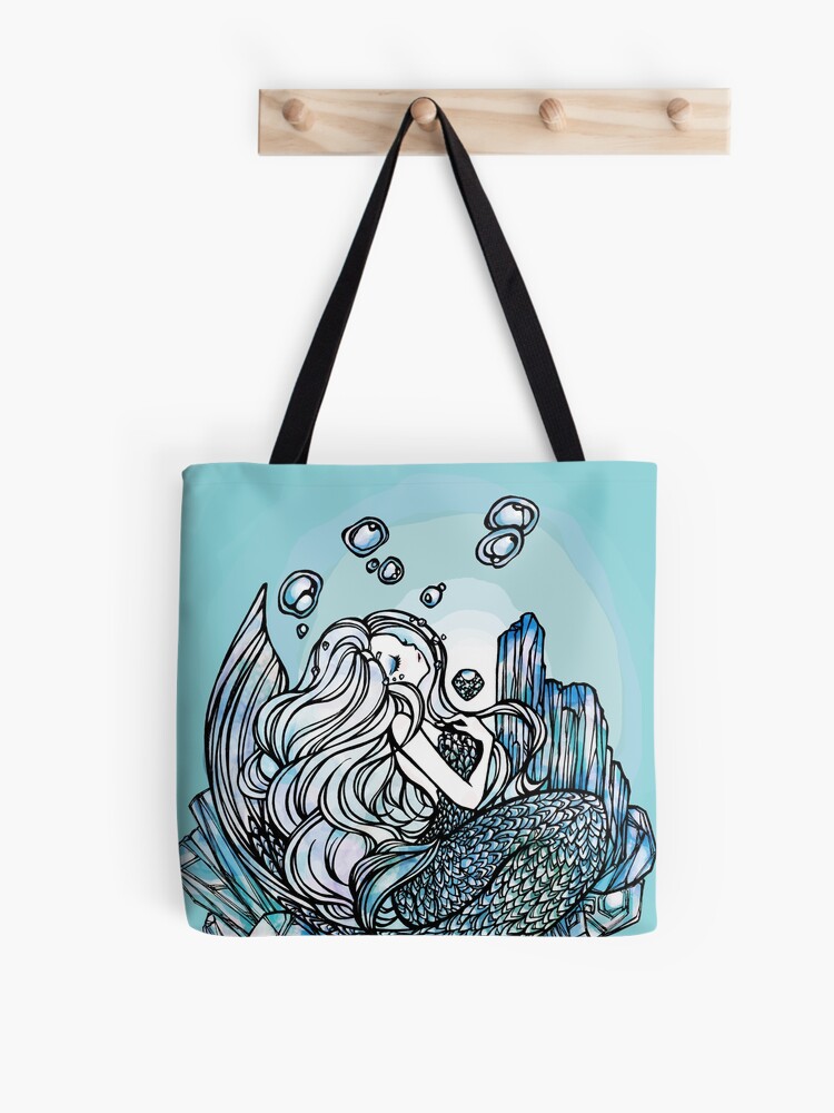 Thumbnail 1 of 2, Tote Bag, Aquamarine Mermaid - angel stone, beauty symbol, healing, birth gem stone designed and sold by SajuArtZen.