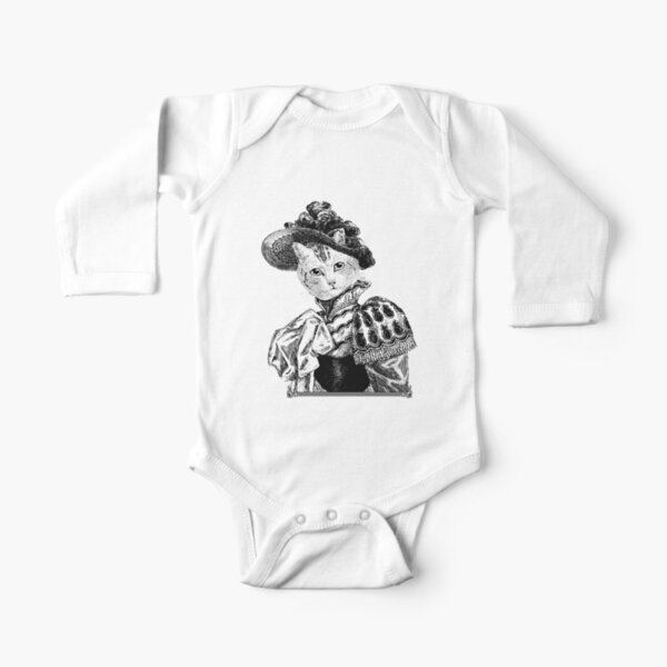 Pussycat Portrait | No. 2 of 2 from The Owl and the Pussycat Set | Anthropomorphic Cat | Vintage Cats | Black and White | Long Sleeve Baby One-Piece
