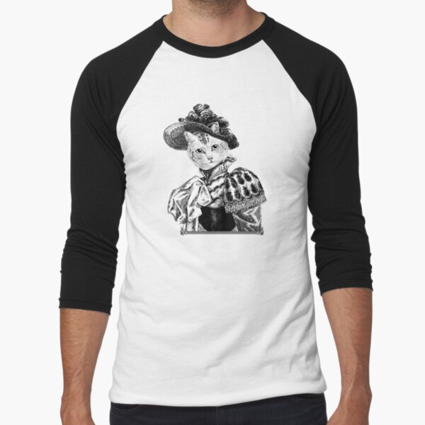 Pussycat Portrait | No. 2 of 2 from The Owl and the Pussycat Set | Anthropomorphic Cat | Vintage Cats | Black and White | Baseball ¾ Sleeve T-Shirt