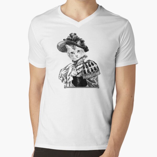 Pussycat Portrait | No. 2 of 2 from The Owl and the Pussycat Set | Anthropomorphic Cat | Vintage Cats | Black and White | V-Neck T-Shirt