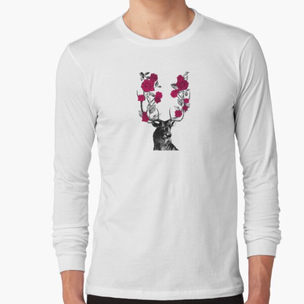 The Stag and Roses | Deer and Roses | Stag and Flowers | Deer and Flowers | Vintage Stag | Antlers | Woodland | Highland | Red | Long Sleeve T-Shirt