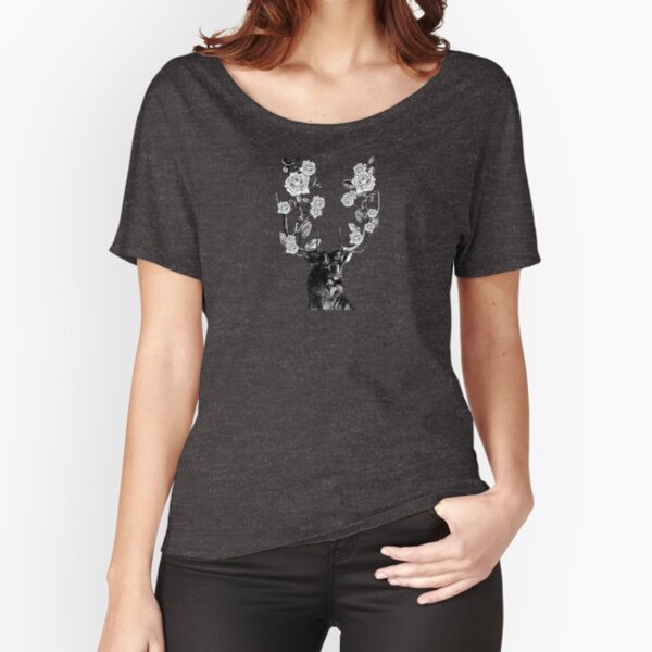 The Stag and Roses | Deer and Roses | Stag and Flowers | Deer and Flowers | Vintage Stag | Antlers | Woodland | Highland | Black and White | Relaxed Fit T-Shirt