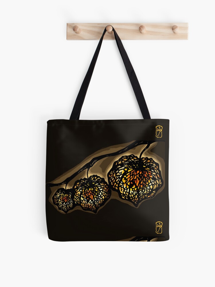 Thumbnail 1 of 2, Tote Bag, Chinese Lantern Plant /Night - Warm orange light in nature designed and sold by SajuArtZen.