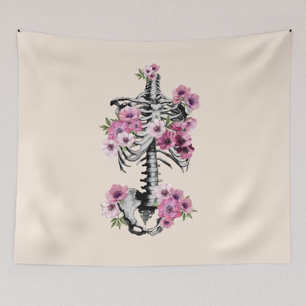 Item preview, Botanical anatomy, rib cage, pelvis, pink anemones floral skeleton designed and sold by Collagedream.