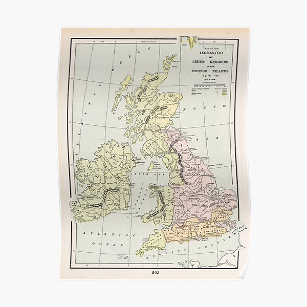 Alte angelsächsische britische Inseln Karte (1901) Vintage Great Britain Celtic & Viking Atlas Poster