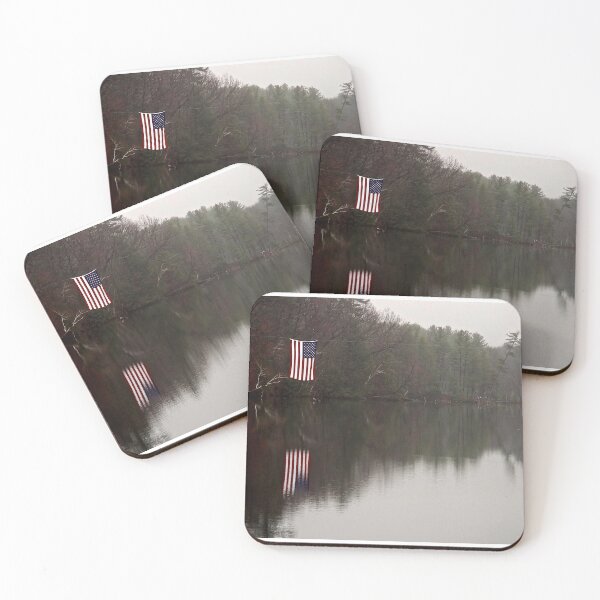 Item preview, An American Flag Hangs Over the Still Waters of Nashawannuck Pond In Late Autumn designed and sold by Stephen Orsillo.