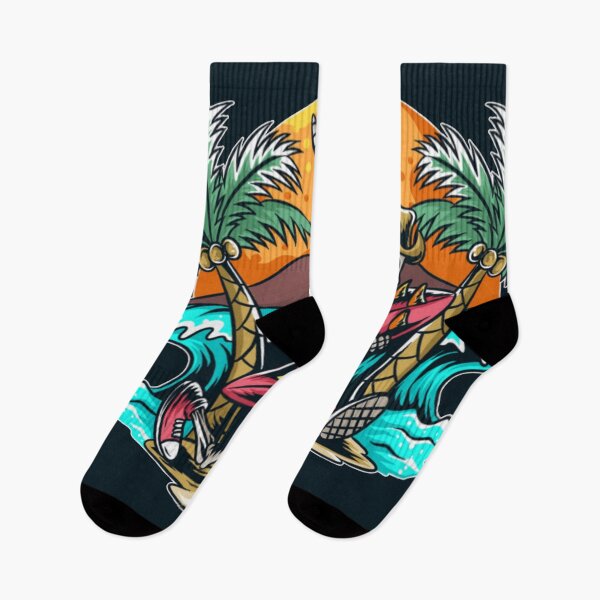 Artikelvorschau, Ein Skelett, das mit einem Surfbrett zum Strand läuft und den Ferienferiensommer genießt entworfen und verkauft von WearWolfDesigns.