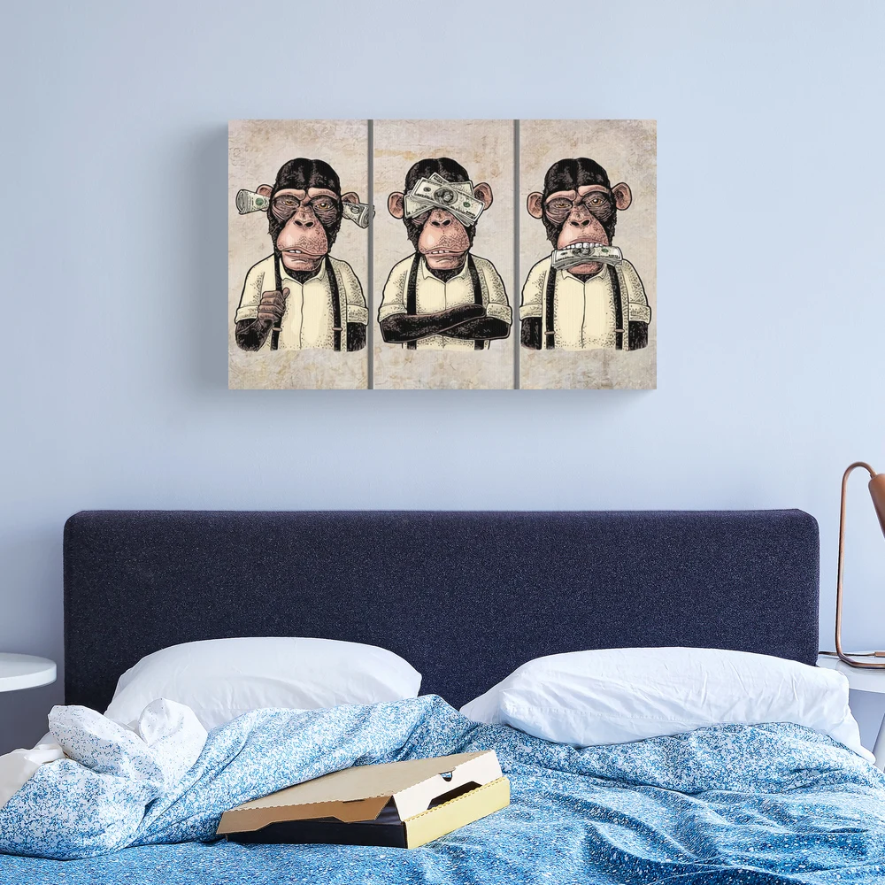 Tableau Toile 3 Panneaux - Singe Cool Avec écouteurs - Déco Murale Originale Pour Chambre Ado Ou Bureau