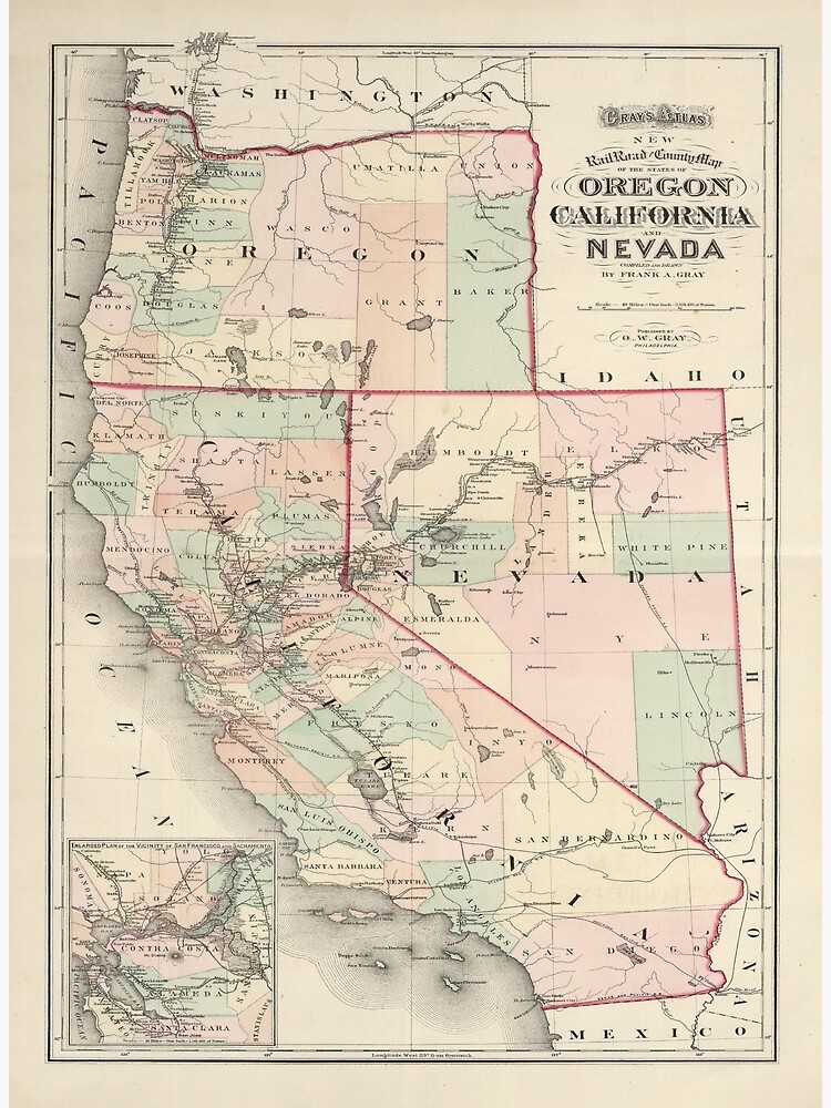 Lámina fotográfica «Antiguo mapa de California, Oregón y Nevada (1874) Atlas de los estados del 