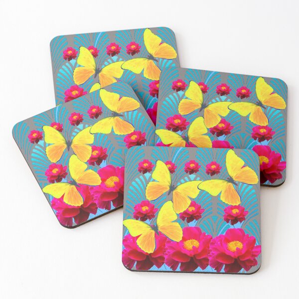 Item preview, YELLOW BUTTERFLIES DUCHSIA PEONY FLOWERS ART DECO designed and sold by sharlesart.