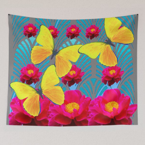Item preview, YELLOW BUTTERFLIES DUCHSIA PEONY FLOWERS ART DECO designed and sold by sharlesart.