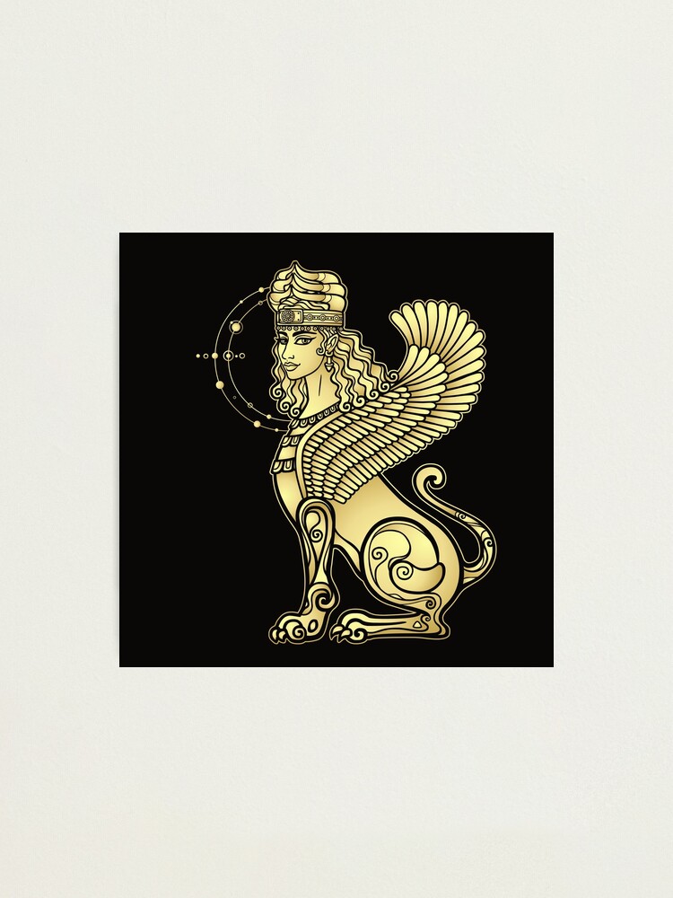 Animation drawing: sphinx woman with lion body and wings, a character in  Assyrian mythology. Ishtar, Astarta, Inanna.