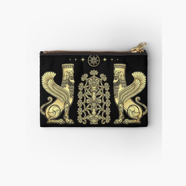 Item preview, Animation color drawing: magical winged lions with human heads sit at the sacred tree. Character in Assyrian mythology. Imitation of gold.  designed and sold by YanaZvereva.