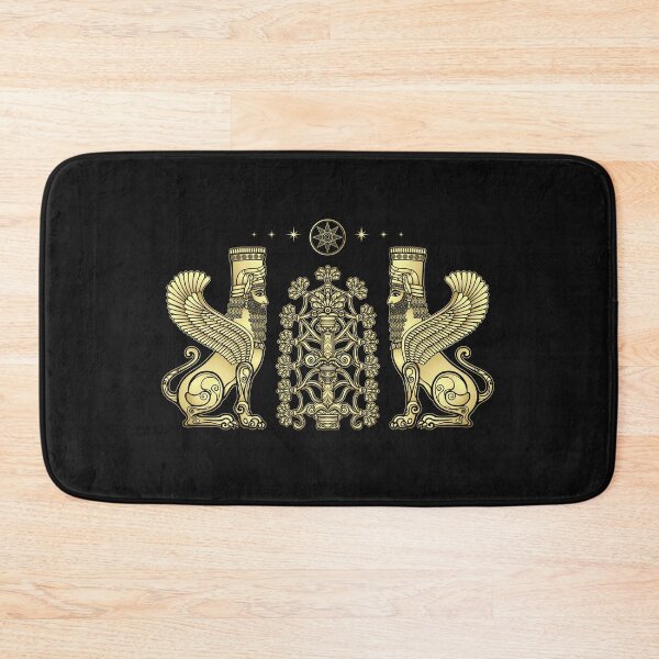 Item preview, Animation color drawing: magical winged lions with human heads sit at the sacred tree. Character in Assyrian mythology. Imitation of gold.  designed and sold by YanaZvereva.