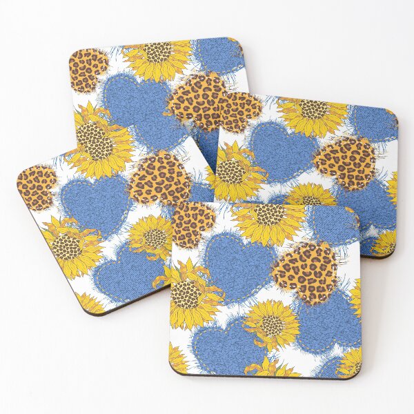 Item preview, Sunflower Pattern With Denim hearts made of fabric with torn edges and leopard, Sunflower Seamless Pattern, Sunflower Pattern Design designed and sold by graphic-genie.