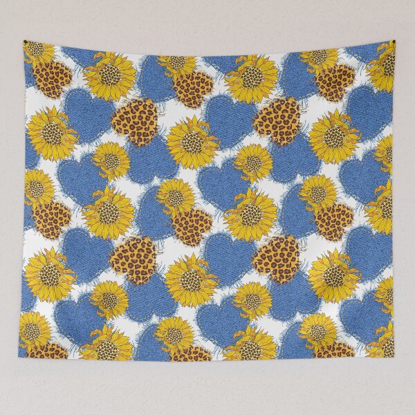 Item preview, Sunflower Pattern With Denim hearts made of fabric with torn edges and leopard, Sunflower Seamless Pattern, Sunflower Pattern Design designed and sold by graphic-genie.