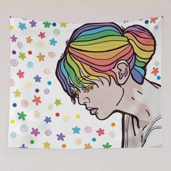 Aperçu de l'œuvre respiration profonde | Femme pensante avec une coiffure arc-en-ciel dessinée à la main | autocollant | tee-shirt | DESIGNMARQUE créée et vendue par DESIGNBRAND.
