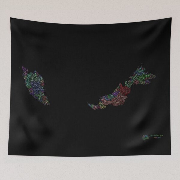 Item preview, Malaysia River Basin Map in Rainbow Colours with Black Background designed and sold by GrasshopperGeo.