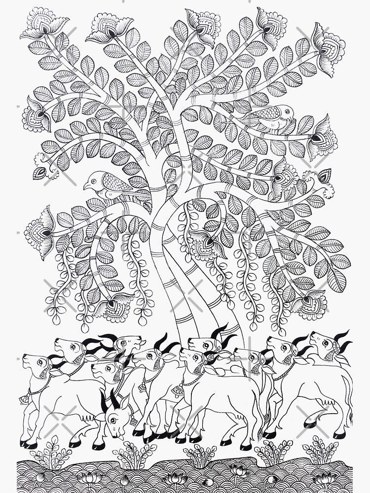 "Nature wall art, line art, Black and white, Rajasthani art, Phad