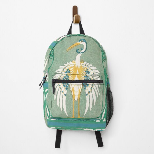 Item preview, ART NOUVEAU CRANE BIRD WITH STYLIZED FLORAL IN WHITE BLUE GREEN YELLOW designed and sold by BulganLumini.