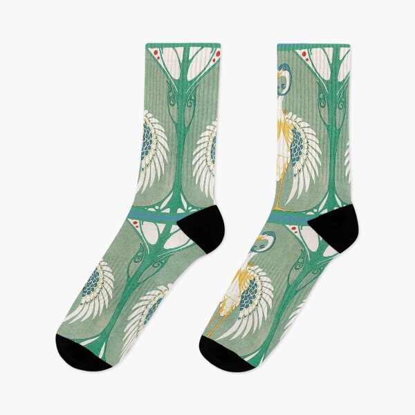 Item preview, ART NOUVEAU CRANE BIRD WITH STYLIZED FLORAL IN WHITE BLUE GREEN YELLOW designed and sold by BulganLumini.
