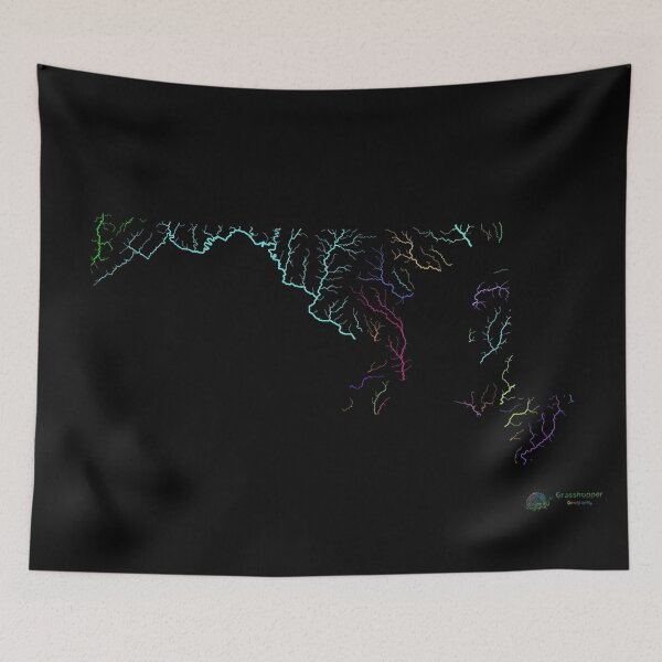 Item preview,  Maryland River Basin Map in Rainbow Colours with Black Background designed and sold by GrasshopperGeo.