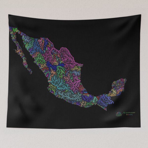 Item preview, Mexico River Basin Map in Rainbow Colours with Black Background designed and sold by GrasshopperGeo.