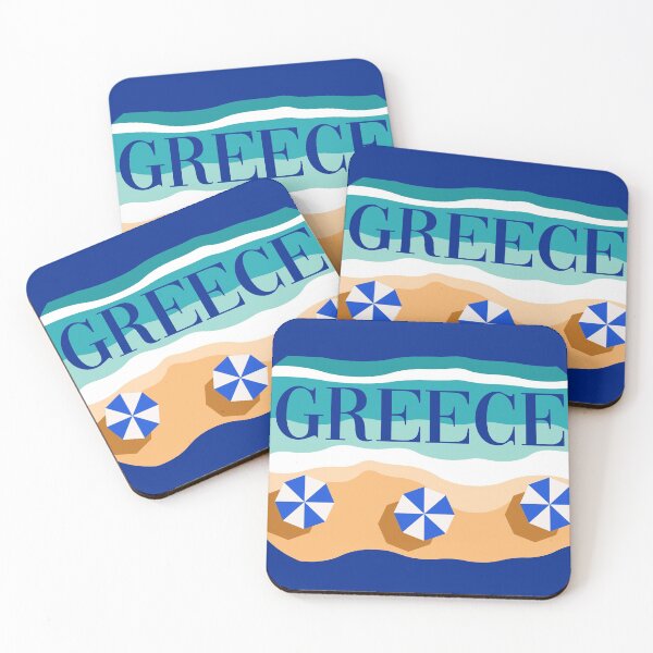 Item preview, Greece: Sandy Beach with Blue Umbrellas And Wavy Sea designed and sold by Happy Puppy Print On Demand.