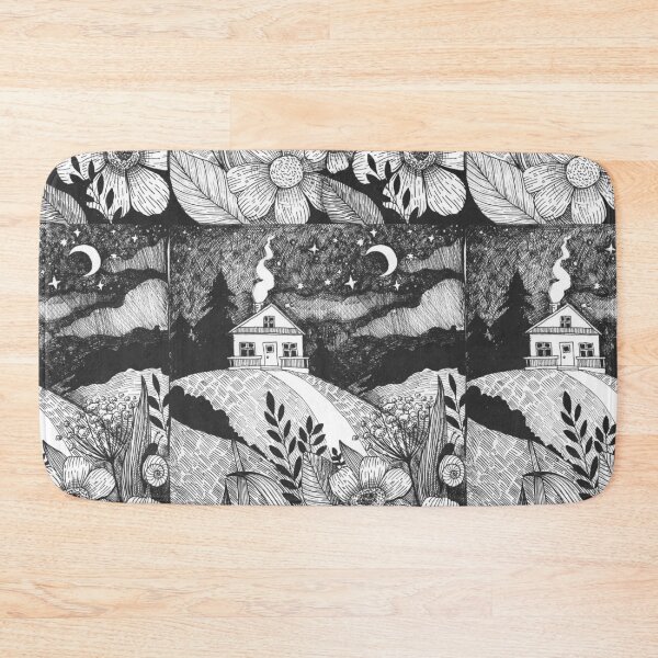 Item preview, At night, a forest with flowers and a small house in the distance. Hand draw illustration designed and sold by Kizuneko.